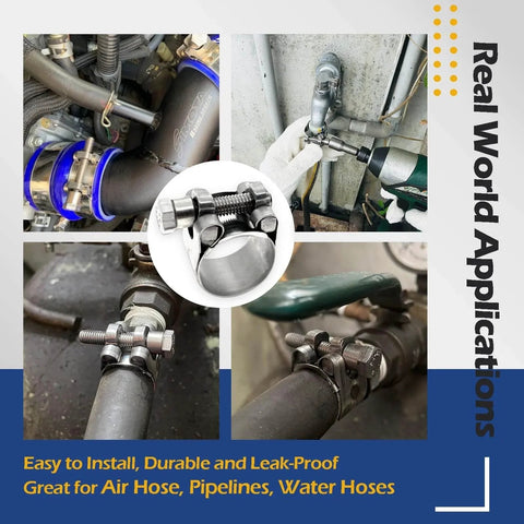 TT Heavy Duty Hose Clamp Assortment Kit 304 Stainless Steel T Bolt Clamps Adjustable Eight Piece Set installed on hoses in various applications.