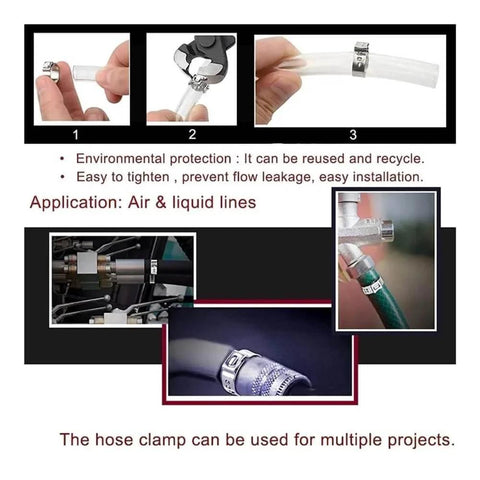 Collage of 10 Pack Stainless Steel 304 Single Ear Hose Clamps Stepless Clamp With Smooth Inner Band For 360 Degree Seal in use
