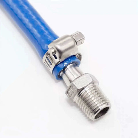Stainless Steel Worm Gear Hose Clamps 1 Inch Adjustable 19 To 29mm 304 Stainless Marine Auto Fuel Line Clamps 25 Pack With High Corrosion Resistance Against Salt Water And Chemicals For Durable Piping, shown installed on blue hose.