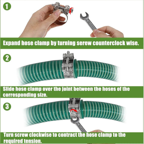 Instructional guide showing installation of Stainless Steel T Bolt Hose Clamps Set Of 14 In Seven Sizes Ranging From 17 To 39 Mm