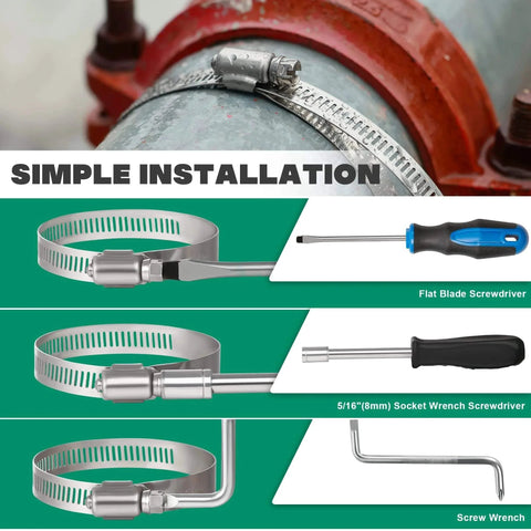 Large Ten Pack Stainless Steel Hose Clamps Two And A Half Inch Adjustable Worm Gear Duct Clamps For Radiator Dryer Vent Hose Fuel Line And Automotive Use Fits Forty Six To Seventy Millimeter Outer Diameter shown with installation tools on pipe