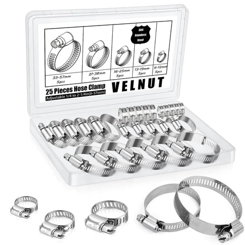 Stainless Steel Hose Clamps Assortment Kit Twenty Five Pieces Worm Gear Hose Clamp Adjustable From One Quarter Inch To Two And One Quarter Inch For Plumbing Automotive And Mechanical Applications Durable Corrosion Resistant 304 Stainless Steel
