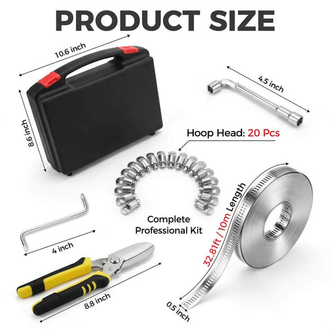 DIY Stainless Steel Hose Clamps Kit With 32.81 Ft Adjustable Strap And 20 Heavy Duty Worm Gear Fasteners, Includes 8.5 Inch Tin Snips, Rust-Proof 304 Stainless Steel For Plumbing Auto Fuel Line And Marine Repairs shown with components and case dimensions.
