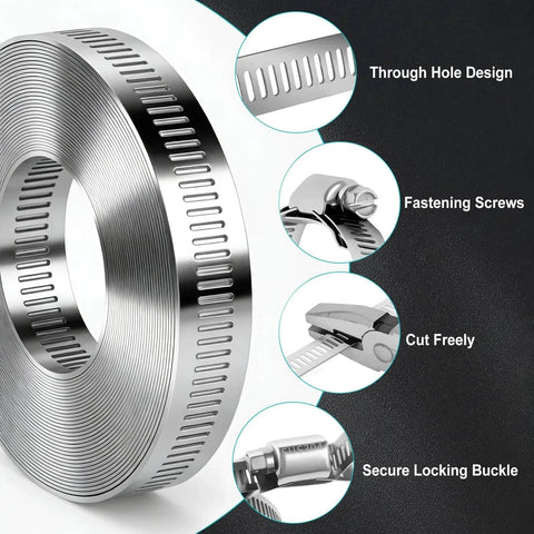 304 Stainless Steel Hose Clamps DIY Kit With 26 Foot Length Adjustable Metal Strap Clamps And 15 Fasteners detail view