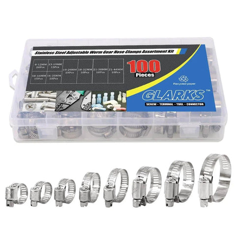 100 Pieces Adjustable 8-44mm 304 Stainless Steel Worm Gear Hose Clamps Assortment Kit in durable storage box with visible clamps.