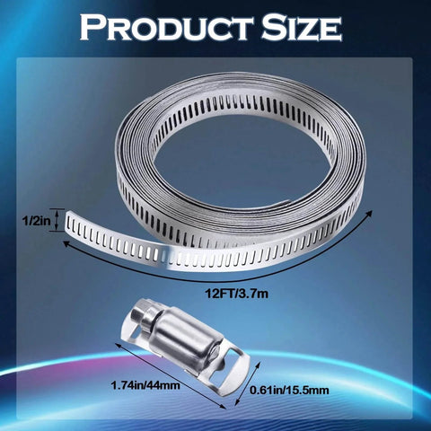 304 Stainless Steel Hose Clamp Assortment Kit With 12 Ft Metal Strap And 8 Stronger Fasteners showing dimensions