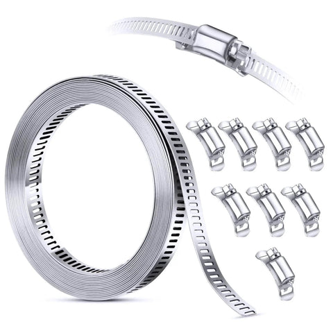 304 Stainless Steel Hose Clamp Assortment Kit DIY Cut To Fit 12 Ft Metal Strap and 8 Stronger Fasteners displayed on white background
