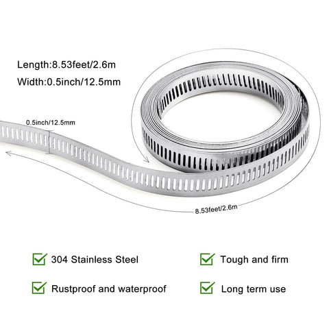 DIY Stainless Steel Hose Clamps Kit With 8.5 Feet Metal Strap And 6 Fasteners Large Adjustable Pipe Clamp For Automotive And Mechanical Applications Ideal For Repairing Hoses And Pipes In Engines showing 8.5 ft metal strap with measurements