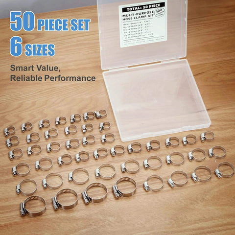 50 Piece 304 Stainless Steel Worm Gear Hose Clamp Assortment One Quarter Inch To One And One Half Inch 6 To 38 Mm Adjustable Pipe Clamps For Plumbing Automotive Marine And HVAC DIY Home And Garden Use