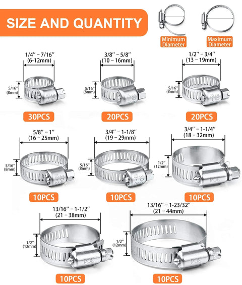 120 Piece Hose Clamp Set Camtek Stainless Steel Adjustable Worm Gear Clamp 6 to 44 mm Range Duct Pipe Fuel Line Clamp