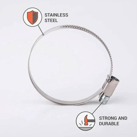 Close-up of a single stainless steel hose clamp with worm gear, 50-70 mm diameter, highlighted as strong and durable.