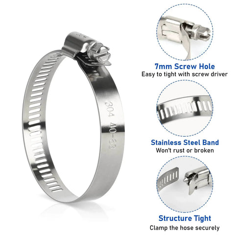 Hose Clamps Set Of Ten Stainless Steel Adjustable Worm Gear Clamps For Hoses From One And A Half Inch To Two And A Half Inch Ideal For Automotive Radiator Fuel Line And Mechanical Systems With Assorted Sizes From Quarter Inch To Six Inch