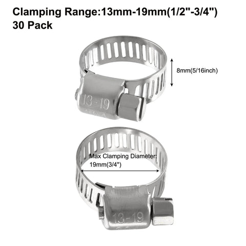 30 Pack Stainless Steel Hose Clamps Adjustable One Half Inch To Three Quarter Inch 304 Stainless Steel Worm Gear Drive Pipe Tube Clamps For Plumbing Automotive And Mechanical Applications shown in clamping range view.