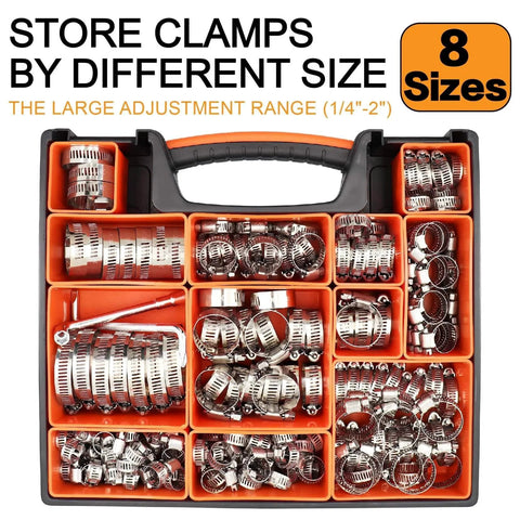 Open case of 210 Piece 304 Stainless Steel Hose Clamps Assortment Kit From One Quarter Inch To Two Inch Worm Gear Hose Clamps For Radiator Heater Automotive Mechanical Applications Pipe Tube Coolant Garden