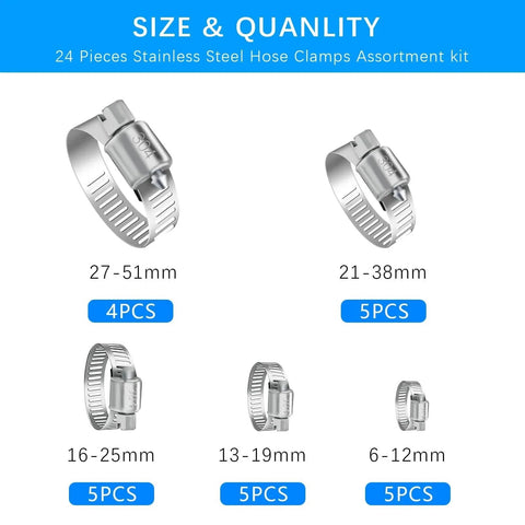 24 Piece Adjustable Stainless Steel Hose Clamps Set Ranging From One Quarter Inch To Two Inches (Six To Fifty One Millimeters) Hose Clamp Assortment Kit For Home Garden And Automotive Use.
