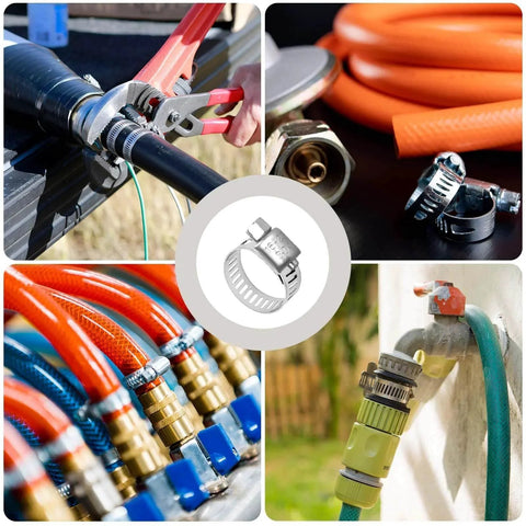 Collage showing Twenty Pack Stainless Steel Hose Clamps Adjustable Quarter To Seven Sixteenths Inch Six To Twelve Millimeters