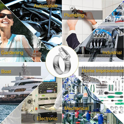 Collage showing applications of Stainless Steel Hose Clamps 16 Pack Worm Gear Drive SAE 12 Clamps in automotive, plumbing, and marine settings.