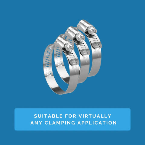 Hose Clamps Box of Ten Radiator Hose Clamp SAE 28 Stainless Steel 300 Series Corrosion Resistant with Wide Clamping Range displayed