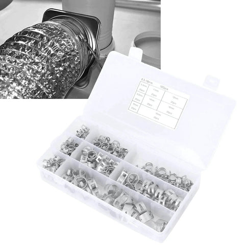 160Pcs 304 Stainless Steel Spring Clips Hose Clamps Set In Eight Sizes 6.5 To 18 Millimeter for pipes and cables shown in box