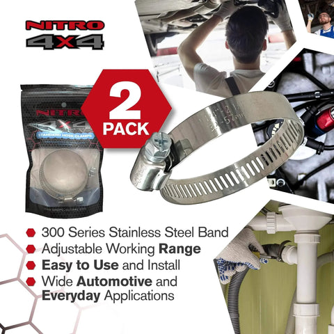 Stainless Steel Hose Clamps Set Two Adjustable Hose Clamps From One And A Quarter Inch To Two And A Quarter Inch 32 To 57 Mm Heavy Duty Radiator Fuel Line Plumbing Automotive Mechanical Applications, shown with packaging and installation use.