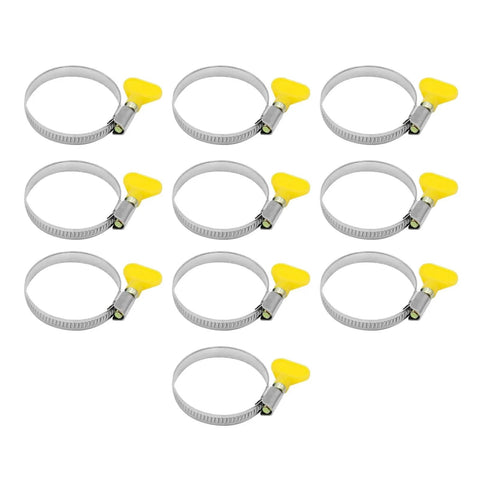 10 Pack Stainless Steel Hose Clamps 1.25 To 2 Inches Butterfly Thumb Screw Yellow Key Type Adjustable Clamps shown in a set of ten