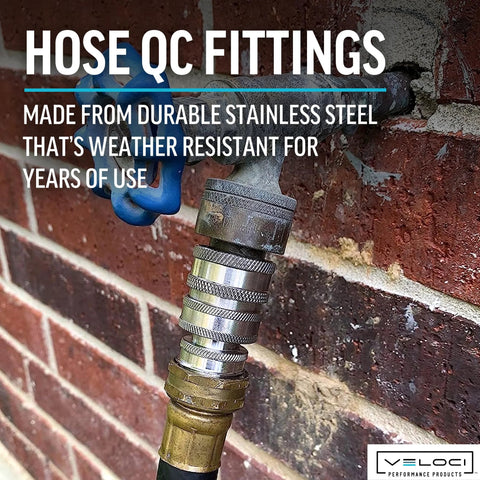Stainless steel garden hose quick-connect fittings on a brass end; Veloci logo visible.