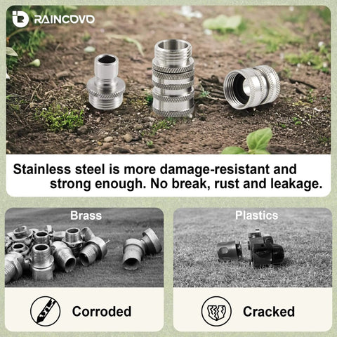 Stainless Steel Garden Hose Quick Connect Fittings With Quick Release For Easy Hose Attachments And Swapping Sprayers, Three Quarter Inch GHT Universal Connector displayed on soil with brass and plastic alternatives.