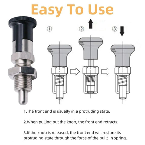 Two Pack Stainless Steel Push Fit Ball Nose Spring Plungers With Self Locking Knob, instructional diagram and product view