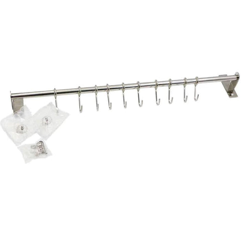 Kitchen Sliding Hooks, Stainless Steel Hanging Rack Rail Organize Kitchen Utensil Removable S Hook for Towel, Spoon, Coats, Bathrobe, BBQ,Wall Mounted Hanger (10 Hooks 23.6In) displayed on wall with packaging