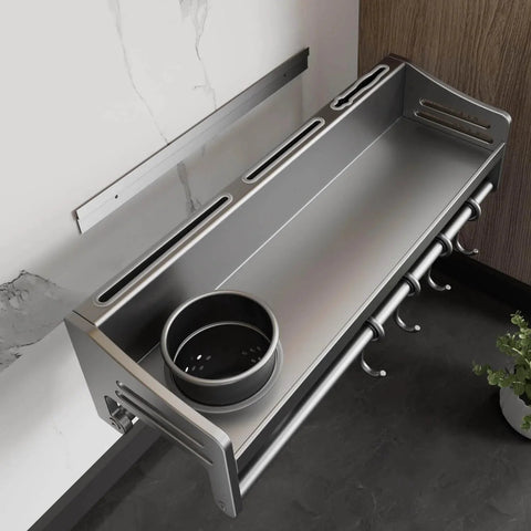 Wall mounted kitchen rail with hooks, easy installation without drilling, waterproof utensil hanger with cup, 23.6 inches, installed view
