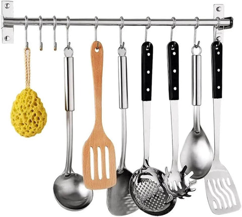 Kitchen Sliding Hooks, Stainless Steel Hanging Rack Rail Organize Kitchen Utensil Removable S Hook with utensils and sponge