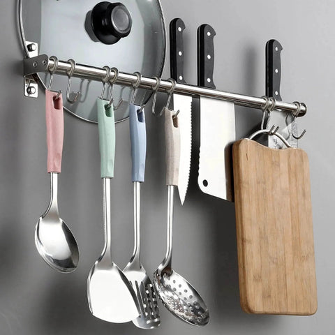 Utensil Hanging Rack Stainless Steel Rail Hanger Rod Wall Mounted Pot Pan Lid Holder Cookware Storage Organizer with knives