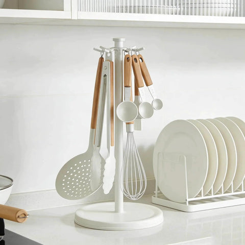 Kitchen Utensil Hanger Stainless Steel Utensil holder Rotatable Cooking Utensils Holder with 8 Hooks, White on countertop
