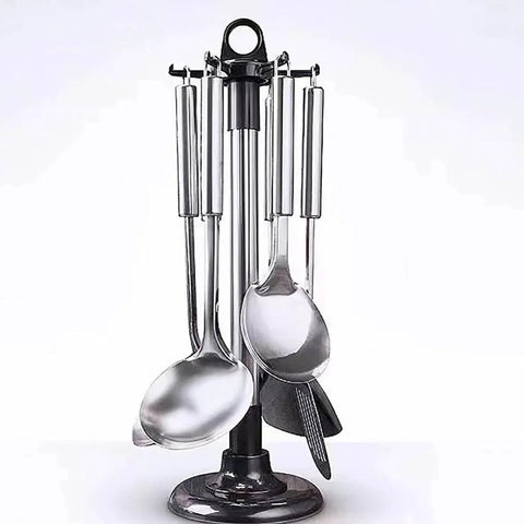 Kitchen ware Storage Rack, Stainless Steel Kitchen Utensil Holder Organizer with 6 utensils on a 360-degree rotating base