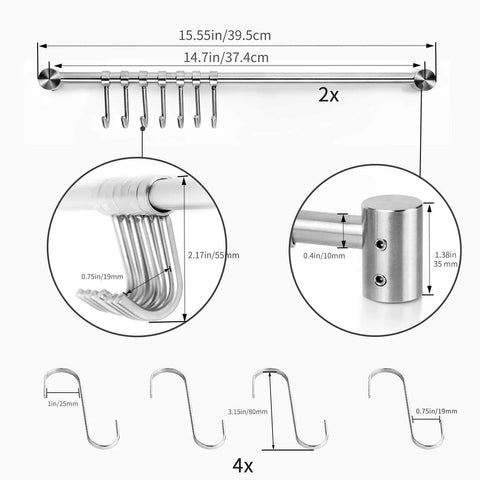 Kitchen Utensil Rack 2 Pack, 15.6 Inch Pots and Pans Hanging Rack Wall Mounted, 304 Stainless Steel Lid Cooking Utensil Hanger, 7 Sliding Hooks