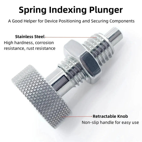 Two Pack Retractable Spring Plungers With Knurled Handles M12x1.75 stainless steel lockout quick release pins with labels shown