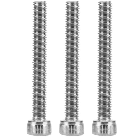 Three silver metal bolts with threaded design and cap heads standing vertically on white background.