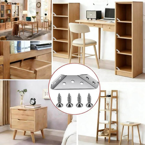 Collage showing L Brackets for Wood - 12PCS Corner Brackets Universal Stainless Steel Furniture Corner Connector in use with furniture.