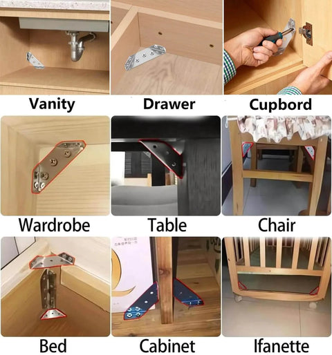 Collage displaying different uses of ✝️ Furniture Corner Connector - 20PCS Universal Stainless Steel L Brackets for Wood in various furniture.