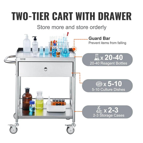 Heavy Duty Stainless Steel Medical Cart With Drawer For Lab And Clinic Use 2 Layer Utility Cart 220 Lb Weight Capacity