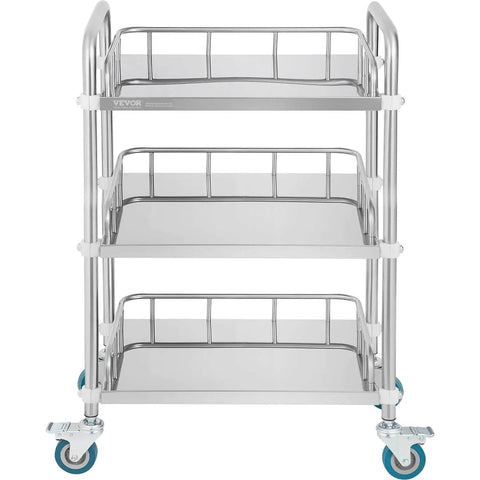 Front view of Stainless Steel Lab Rolling Cart With 3 Shelves, Heavy-Duty Lab Serving Cart With Guardrails And Swivel Casters For Clinic, Hospital, Dental Office Or Salon, Generous Space Between Shelves, 26.38 x 15.55 x 34.13 Inches, By VEVOR.