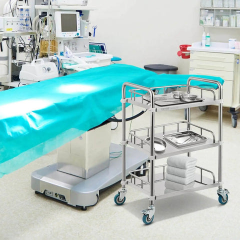 Stainless Steel Lab Rolling Cart With 3 Shelves, Heavy-Duty Lab Serving Cart With Guardrails And Swivel Casters For Clinic