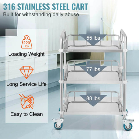 Stainless Steel Lab Rolling Cart With 3 Shelves, Heavy-Duty Lab Serving Cart With Guardrails And Swivel Casters For Clinic, Hospital, Dental Office Or Salon, Generous Space Between Shelves, 26.38 x 15.55 x 34.13 Inches, By VEVOR.