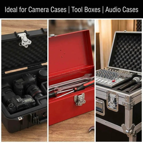 Sturdy 304 stainless steel latch set with a compact 2x1.5 inch footprint, four-pack shown on camera, tool, and audio gear cases.
