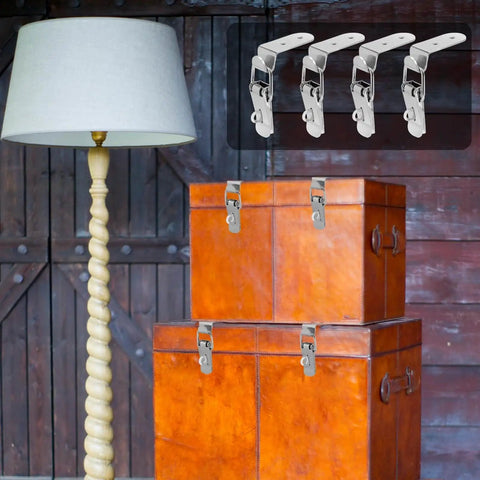 90 Degree Stainless Steel Box Latch Set With Keyhole For Cabinets And Barn Doors, shown on stacked wooden boxes