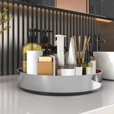 Stainless Steel Black Lazy Susan Turntable For Pantry Cabinet And Kitchen Storage 12 Inch Spice Rack Organizer holding bathroom items