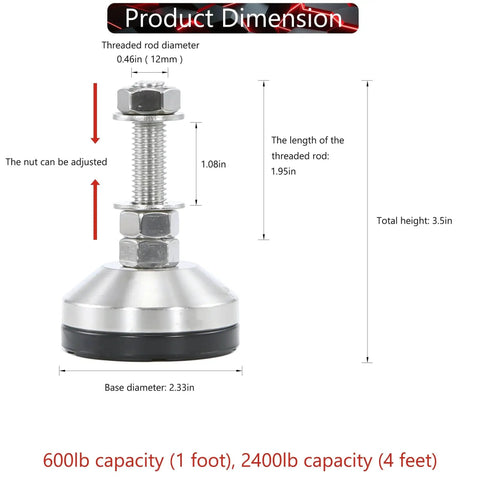 Heavy Duty Adjustable Leveling Feet For Shelving And Machinery Stainless Steel 2400 Lb Capacity M12 Thread 2.33 In Base Diagram