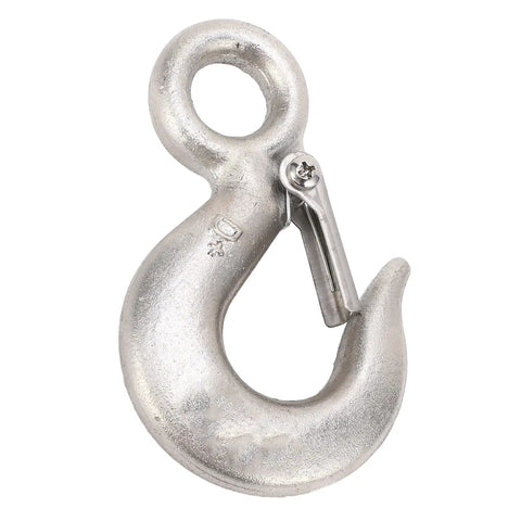 Stainless steel heavy-duty lifting hook with latch, 1-ton capacity, 110mm length, 19mm ring diameter.