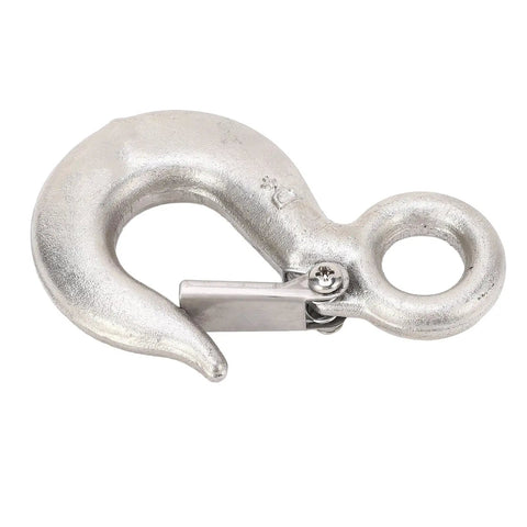 Front view of Adfaga 1T heavy-duty lifting hook, stainless steel, 110mm long with 19mm ring.