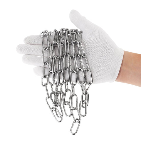 White-gloved hand holding a ✝️ 1/8" 6.5Ft Stainless Steel Link Chain, 3mm Heavy Duty Dog Chain 304 Steel 75 LBS Load Bearing with 2 Locking